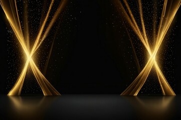 A luxurious event stage with multiple golden spotlights beaming down onto a polished wooden floor and black background