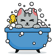 Bathing a cartoon cat. Cat in the foam. Cat care business