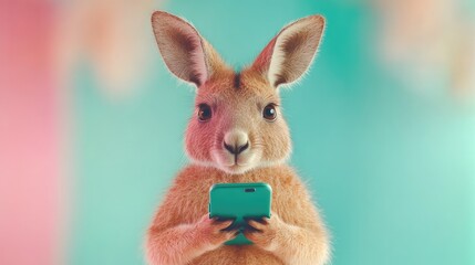 Obraz premium Adorable Kangaroo Using Smartphone Against Vibrant Pastel Background