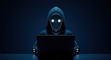 Dark and cool hacker robot operating a laptop in a futuristic tech environment