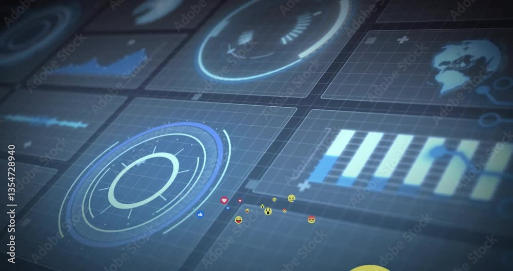 Poster displaying animated icons, digital dashboard with data charts and graphs in school