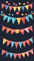 Fototapeta premium Colorful Decorative Banners and Festive Garlands on Dark Background