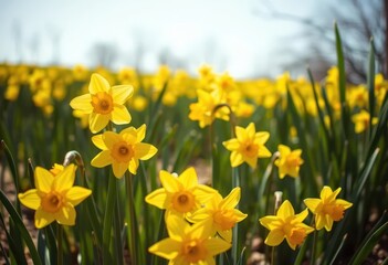 Obraz premium Vibrant yellow daffodils blooming in a sunlit field, flower field, sunlight