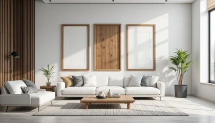 Fototapeta premium Modern minimalist living room with wooden accents and cozy white sofa