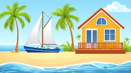 Obraz premium Coastal living A beach house sits near a sailboat on a sandy shore, under a clear blue sky