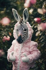 This whimsical zebra in a pink bunny suit playfully merges animal features with Easter elements, set against a backdrop of vibrant flowers, expressing joy and creativity.