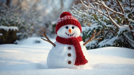 A cute cartoon snowman with a carrot nose wears a festive hat and scarf, amidst a winter holiday celebration with snowflakes