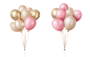 Two images side by side, a bunch of birthday balloons on the left and right sides, isolated on a transparent background 