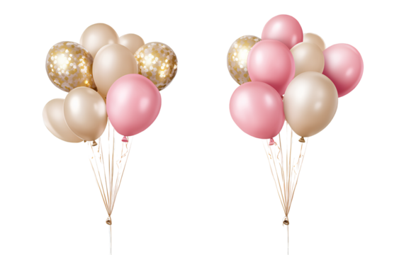 Two images side by side, a bunch of birthday balloons on the left and right sides, isolated on a transparent background 