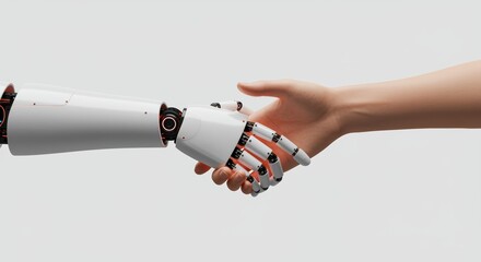 Clean style with robot and human hands shaking in unity, technology, artificial intelligence concept