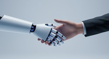 Clean style with robot and human hands shaking in unity, technology, artificial intelligence concept