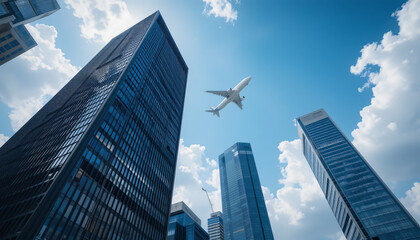 Fototapeta premium Airplane Flying Over City Skyscrapers.