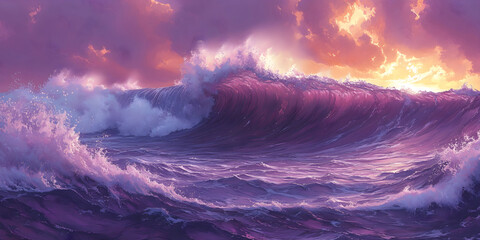 Fototapeta premium Dreamy Purple Ocean Wave at Sunset – Hand-Drawn Fantasy Seascape Illustration