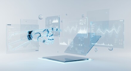 Futuristic black and dark LED touch data screens in a minimal tech environment