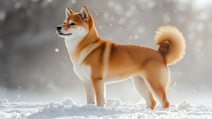 Shiba Inu Dog in Snowy Landscape. Possible use for Stock photo
