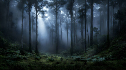 Obraz premium Enchanting misty forest scene at dawn, sunbeams piercing through tall trees and lush ferns. Perfect for fantasy, nature, and mystical themes.