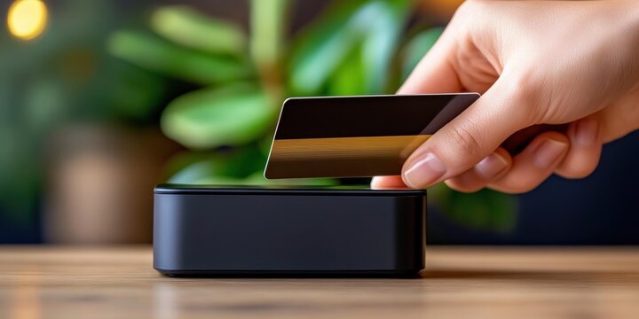 contactless payment technology, a hand swiping a credit card at a store checkout with a blurred background
