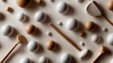 Fototapeta premium Abstract minimalist golf layout showcasing clubs balls eggs and spheres arrangement