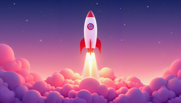 Glowing rocket launching into gradient sky, symbolizing growth