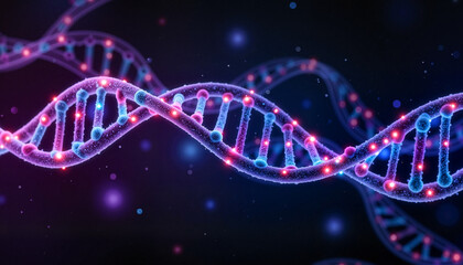 Glowing DNA strand visualization on dark background, scientific innovation