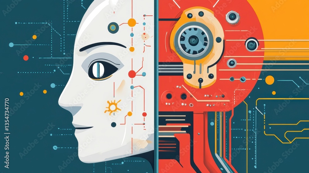 Leinwandbilder split-face illustration of a human and robotic head, showcasing technological integration and artifi