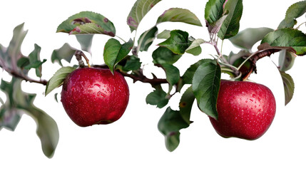 Obraz premium Apples on a Branch: Two vibrant red apples hang from a branch adorned with fresh green leaves, a vivid illustration of nature's bounty and the crisp freshness of the harvest.