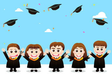 Group of happy students throwing caps for celebrating on graduation day. Congratulations