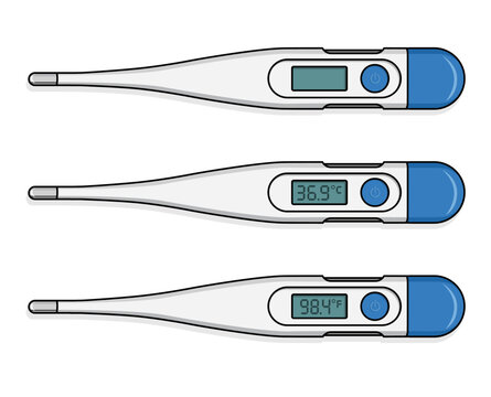 Termometri digitali per misurare la febbre. Versione senza temperatura, versione con gradi fahrenheit e versione con gradi celsius. Disegno vettoriale editabile