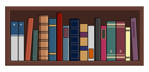 Fila di libri affiancati di varie forme e colori affiancati all'interno di uno scaffale della libreria in legnoDisegno vettoriale editabile © Mister Solo