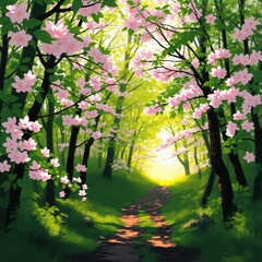 Obraz premium Sunlit spring forest trail with blooming pink flowers and lush green foliage
