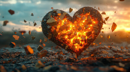 Shattered pieces of the mind reassemble into a glowing heart representing emotional healing and inner strength in a surreal landscape