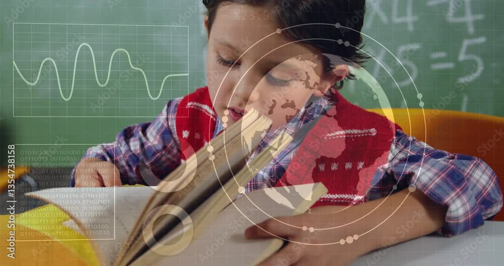 Poster child reading book with data processing animation over classroom background