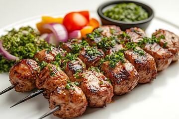 Skewered Grilled Meat, Green Herbs, Vegetables, and Green Sauce in Bowl on White Plate