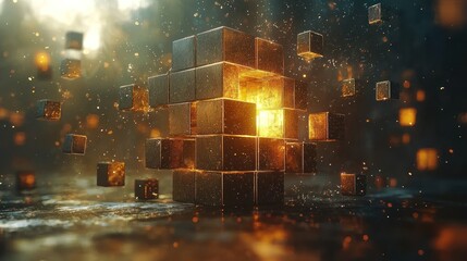 Abstract digital cubes glowing with inner light