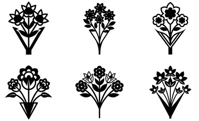 A collection of stylized, black line art flower bouquets.