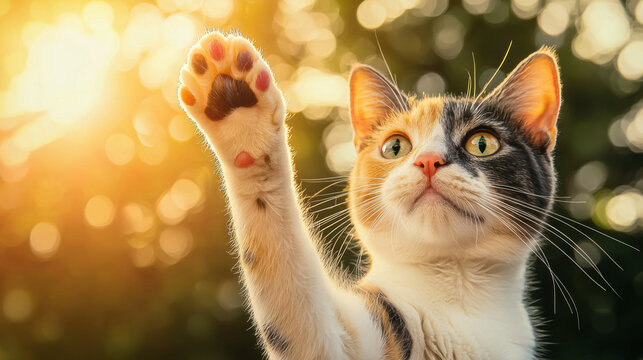 curious calico cat raises its paw, basking in warm glow of sunset, showcasing its vibrant fur and inquisitive nature
