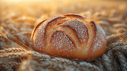 Artisan bread loaf with sesame seeds nestled among wheat stalks in golden field at sunset, showcasing traditional baking craft for healthy eating and organic food concepts