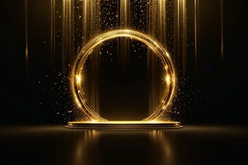 A luxurious event stage with multiple golden spotlights beaming down onto a polished wooden floor and black background