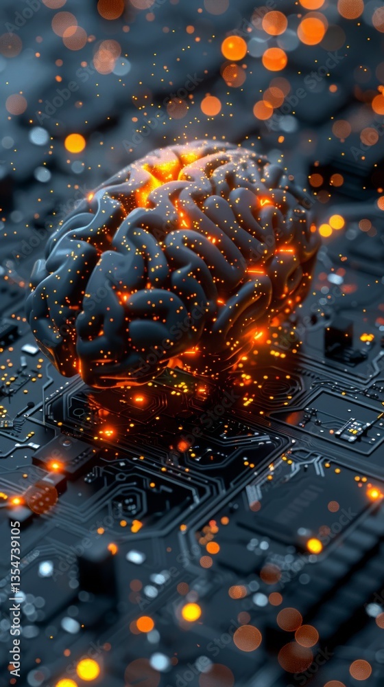 Poster floating artificial intelligence brain above circuit board with dynamic orange and black lighting in