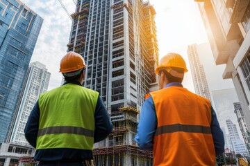 Construction workers evaluate progress on a high-rise building in an urban setting during daylight