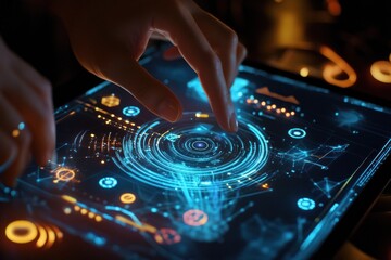 Obraz premium Close-up of hands using futuristic tablet interface.