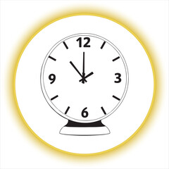 Classic Table Clock Outline Vector,Black and White Desk Clock Illustration,Minimalist Alarm Clock Line Art,Vintage Table Clock Hand Drawn Style,Round Desk Clock with Bold Numbers