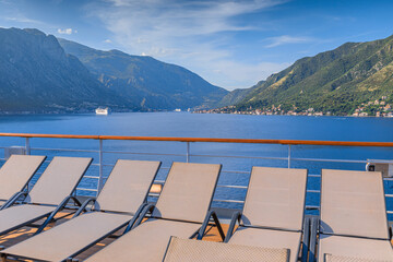 Panoramic view of Kotor Bay from cruise ship in Montenegro.