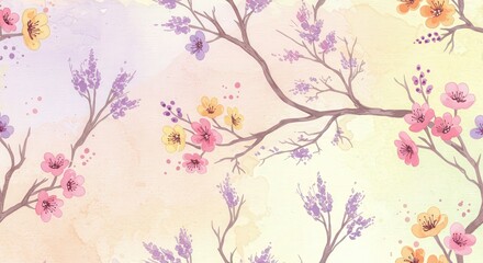 Spring Background Abstract watercolor floral design with flowers, butterflies, soft pink and purple color palette, perfect for spring or wedding decorations, nature-themed patterns, and card designs