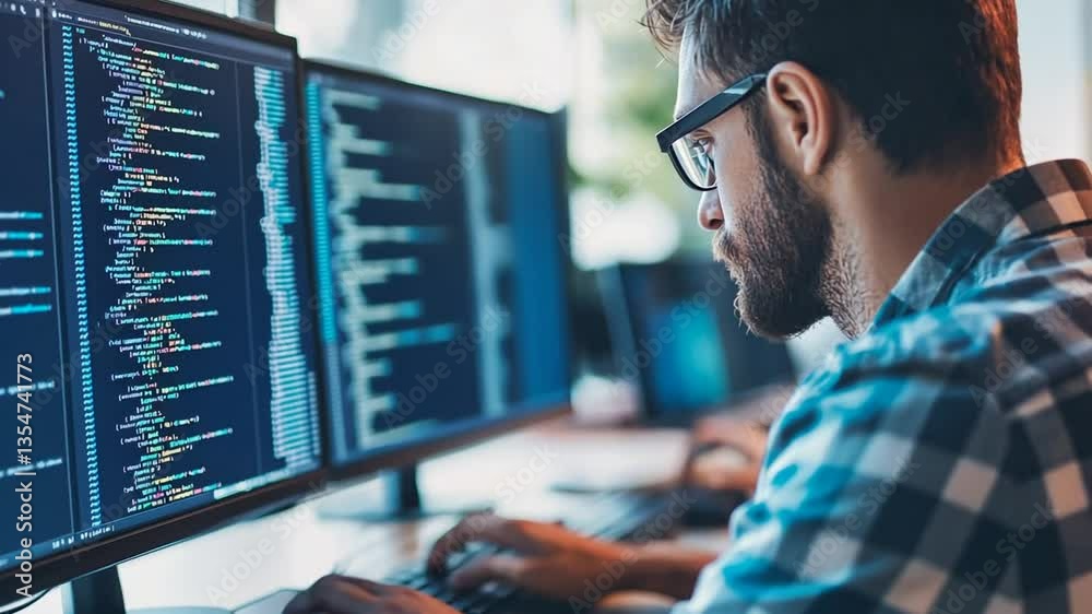 Poster programmer coding complex software in a modern office space generative ai