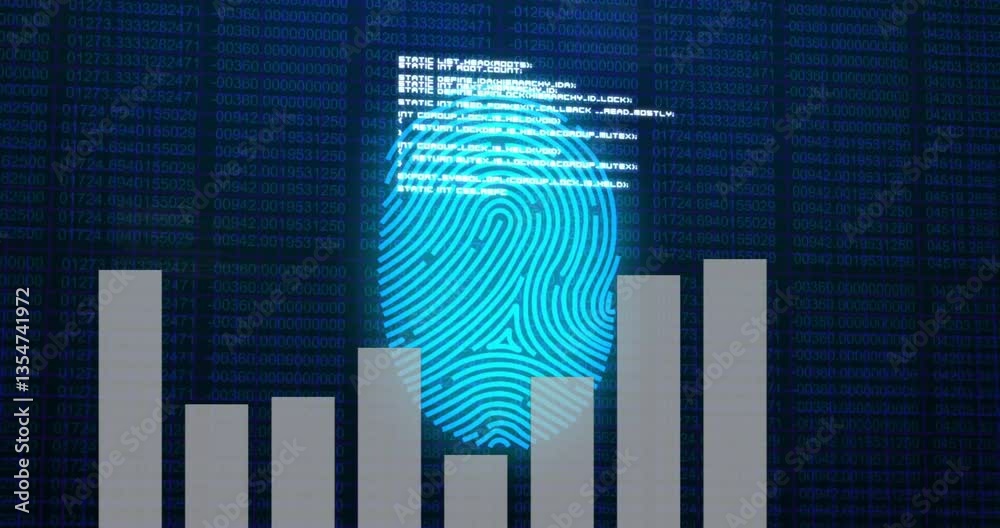 Poster fingerprint scanning over digital bar graph with binary code in background animation