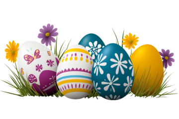 Colorful Easter eggs with floral patterns and butterflies on green grass