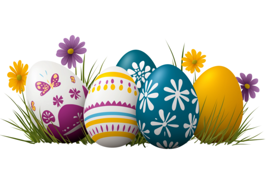 Colorful Easter eggs with floral patterns and butterflies on green grass