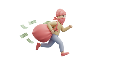 Isolated Thief Running with Sack of Money and Flying Bills