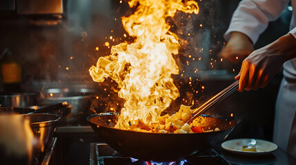 tossing ingredients in a flaming wok, creating an impressive burst of fire 